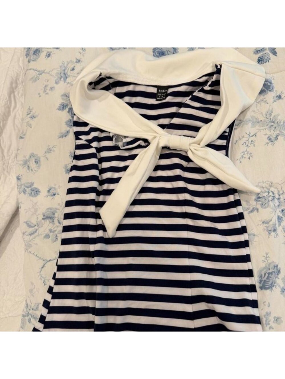 SHEIN white and navy striped sailor top with bow detail, size M